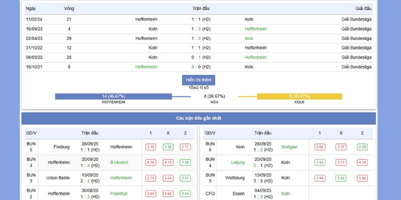 Phong độ và thành tích gần nhất của Hoffenheim vs Koln 